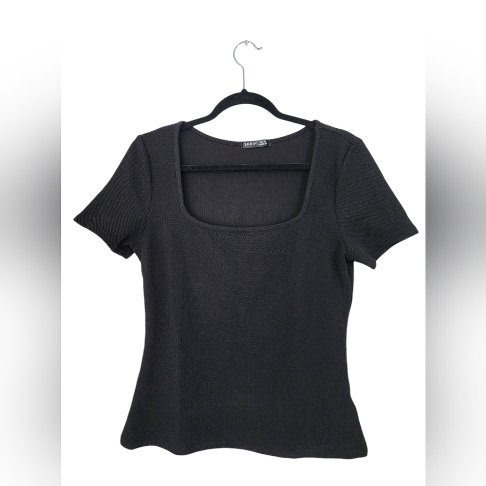 Shein Black Square Neck Cap Sleeve Fitted T-Shirt, Size Tall XL